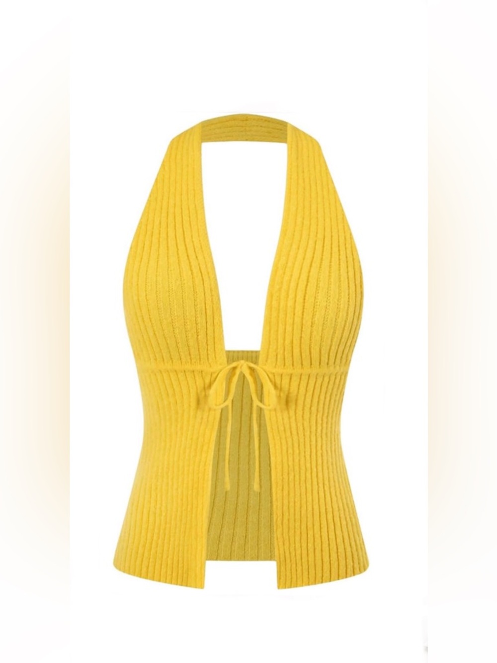 Brand New Yellow Ribbed Halter Tie-Front Top - SZ L